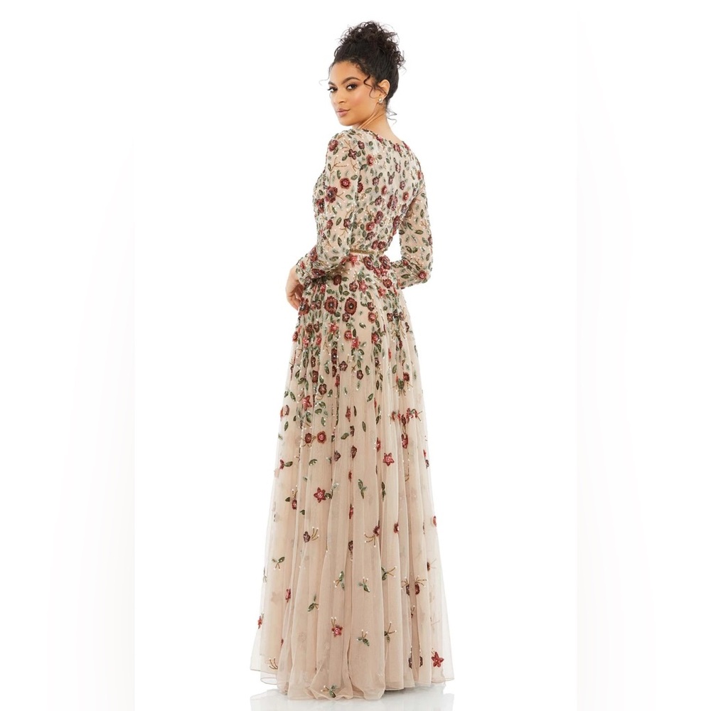 NWT $698 MAC DUGGAL Beige Embellished High Neck Long Sleeve A Line Gown DRESS - Picture 7 of 8
